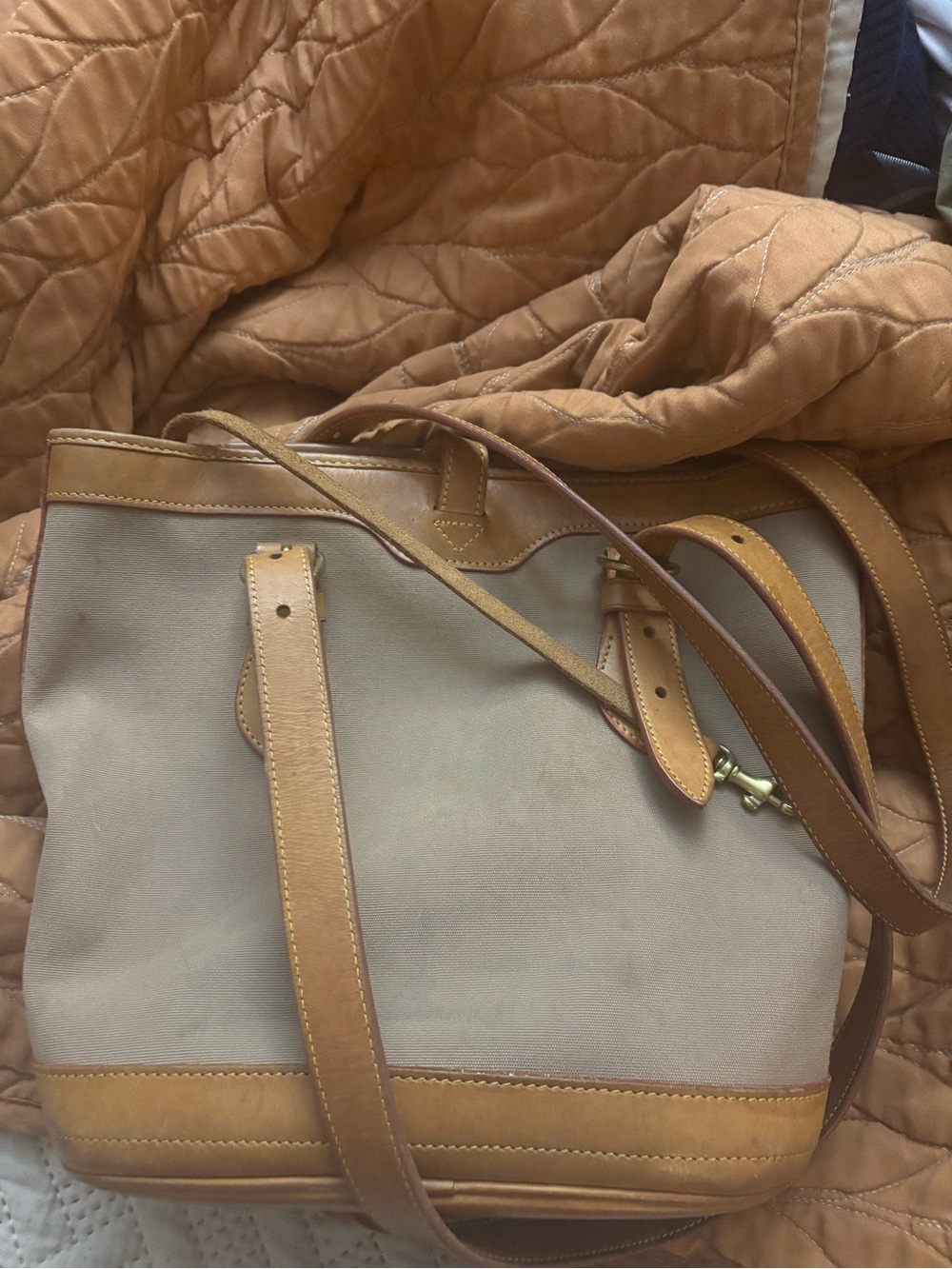 Dooney & Bourke Tan and Beige Leather-Trim Shoulder Bag- vintage- cabriolet.